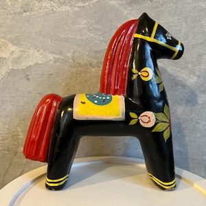 Russian Khokhloma Wooden Horse Toy Folksy Hand-painted Souvenir, Russian Black Horse 1980s. Made in USSR Collectible