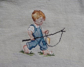 Vintage Little Boy Embroidery Cross stitch Needlework Picture Retro Home Decor/ Vintage Decor. Handmade
