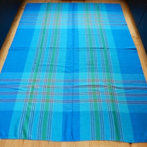 Vintage Big Checkered Blue Turquoise Polyester Tablecloth Made in Finland Finlayson