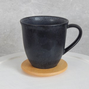 Scandinavian Vintage Höganäs Keramik Stoneware Black Semi Matte with Wooden Saucer Mug Pottery by Stengods Sweden Scandinavian Design