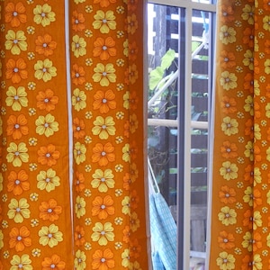 Set of 2 Scandinavian Vintage Curtain Swedish Ochre Natural Yellowish/ Yellow Flower Cotton Retro Curtain 47&quot; x 70&quot;