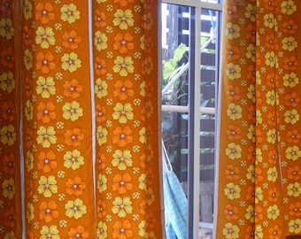 Set of 2 Scandinavian Vintage Curtain Swedish Ochre Natural Yellowish/ Yellow Flower Cotton Retro Curtain 47&quot; x 70&quot;