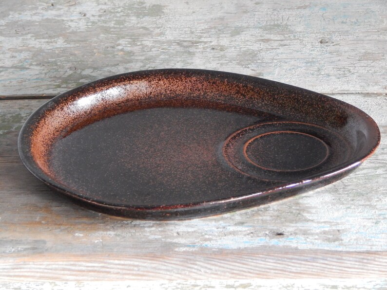 Vintage Kermansavi Finland Serving Breakfast Plate Brown Black Plate Egg Shape