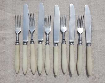 Vintage Cutlery Ivory 9 Forks and 9 Knives  Bakelite Cutlery  Flatware  1970 s.