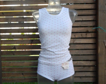 Vintage Hipster Underwear Girls Cotton White Pink Polka Dot Knickers and Undershirt set 100% Cotton 10-12 years