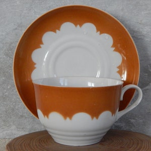 Vintage Tea/ Coffee Cup and Saucer Brown/ White Tableware  era 1980 s. Riga Porcelain Factory RPR