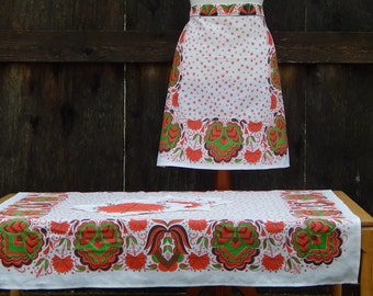 Vintage  Linen Apron, Tablecloth, Place- mat Set Ladies Half Apron, Collectible, Cooking / Cleaning Apron, Kitchen Textiles Folk Art