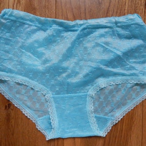 May include: Light blue lace underwear with a white trim. The underwear has a delicate pattern.