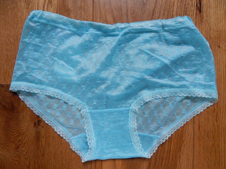 May include: Light blue lace underwear with a white trim. The underwear has a delicate pattern.