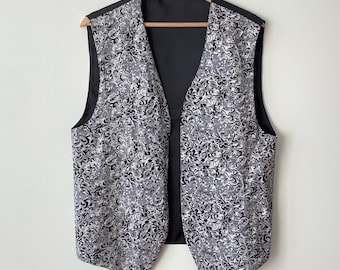 Gilet bianco e nero 2 in 1, stile vintage, senza chiusura, a righe, stampato.
