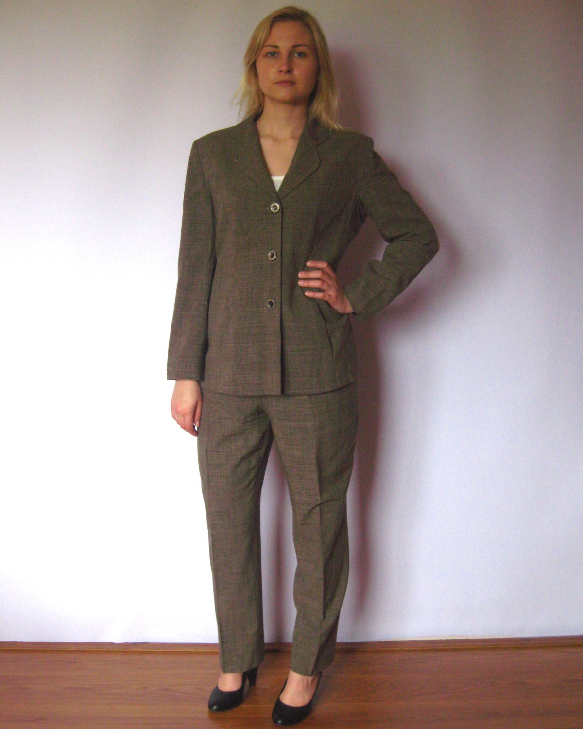 Khaki Women Pants Suit Vintage Business 
