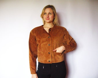 Caramel Brown Suede Jacket  Genuine Leather Jacket Western Style Jacket Long Sleeve Button Up 80s Style Vintage Jacket