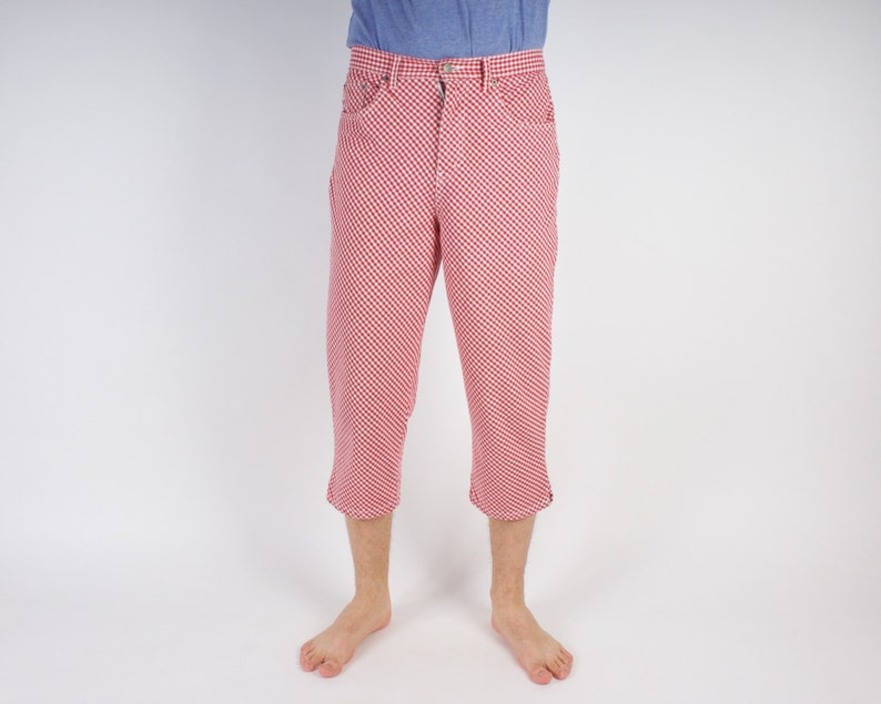 red pants with checkered stripe