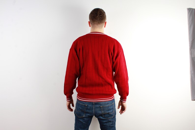 Red Knitted Men Sweater Knitted Jumper White Line Stripped Sweater Winter Vintage Long Sleeve Sweater Size Large