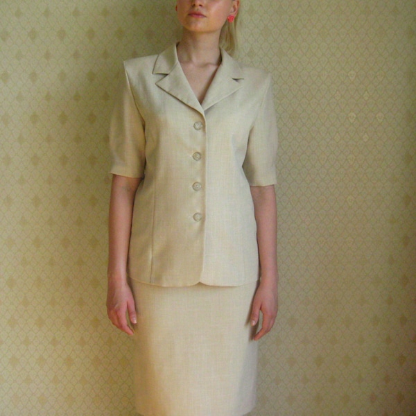 Vintage Damen Business Anzug Jacke und Rock Muster Sommer Damen Tweed Anzug Creme Weiß sowjetische Ära Mittlere Größe