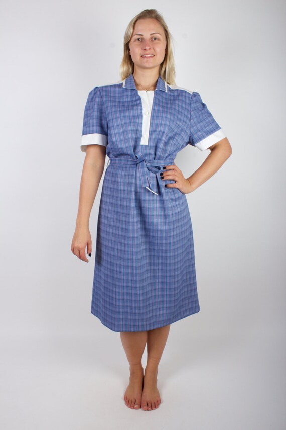 blue dress with white collar