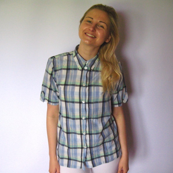 Womens Shirt Vintage Checked Casual Wear Short Sleeve White Green Navy Blue Shirt Business Lady, Medium Size