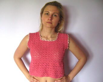 Handgestrickte Rosa Vintage Bluse: Ärmelloses Sommer Top (Medium Größe)
