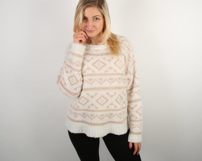 Maglione Da Donna In Mohair Bianco Beige Oro Maglione Folk Con