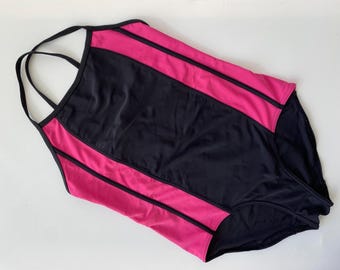 Vintage Black & Pink One Piece Swimsuit, Retro Beachwear (Girls 150cm)