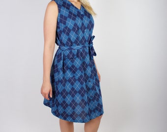 Dark Blue Tartan Plaid Sundress Formal Sleeveless Checkered Dress
