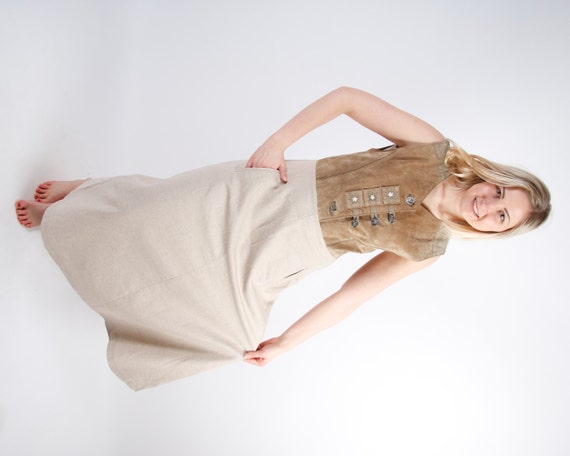 Beige Brown Dirndl Dress Folksy Dress Maxi Long Su