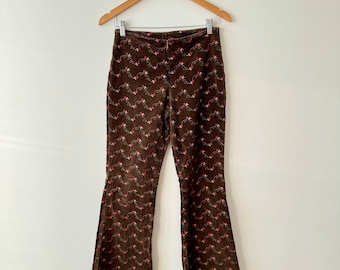Brown Corduroy Pants Vintage Boot Cut Flare Style Red Flowery Pants Women Wide Ends Pants