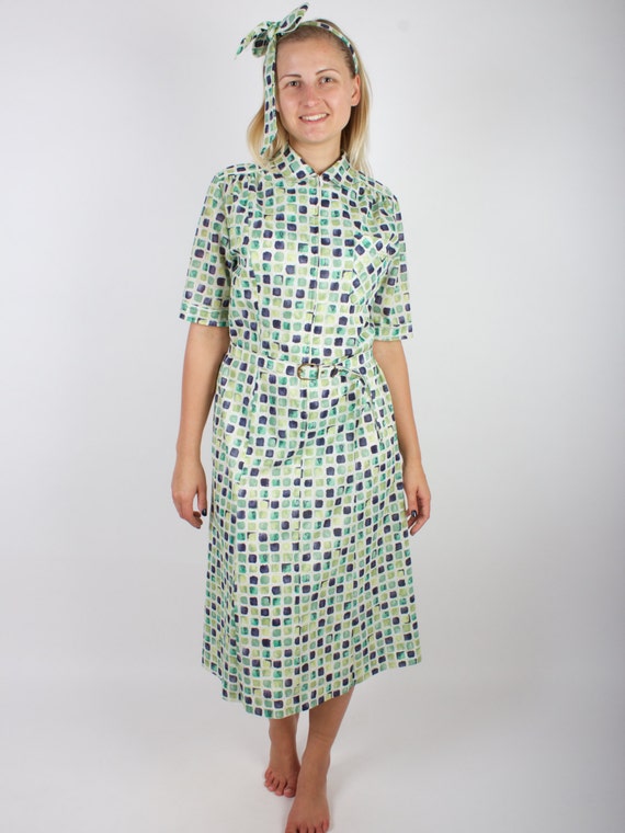 Green Blue Vintage Mosaic Dress 70s 60s Style Short Sleeve