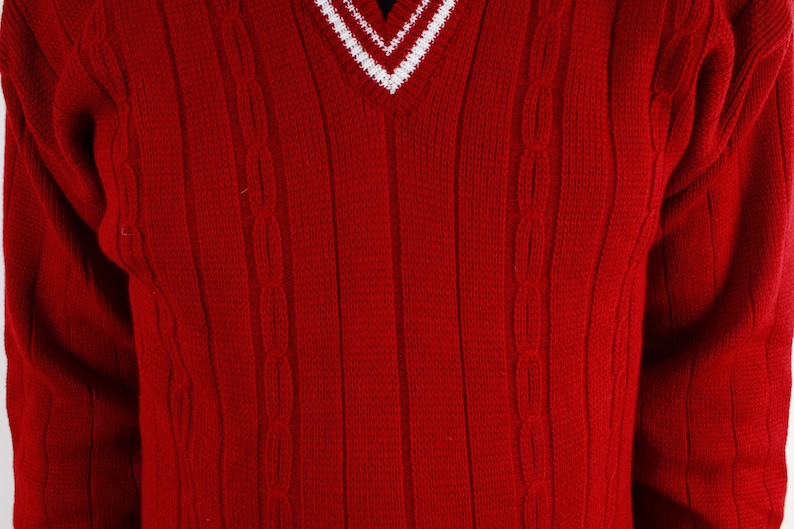 Red Knitted Men Sweater Knitted Jumper White Line Stripped Sweater Winter Vintage Long Sleeve Sweater Size Large
