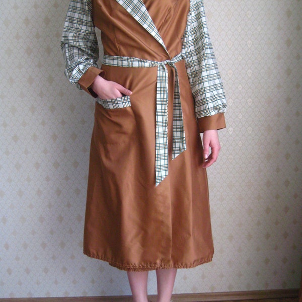 Vintage Brown Dress Checkered One Pocket Smock Dress Long Sleeve Soviet Era Style Woman Fashion Holiday Dress Large Size