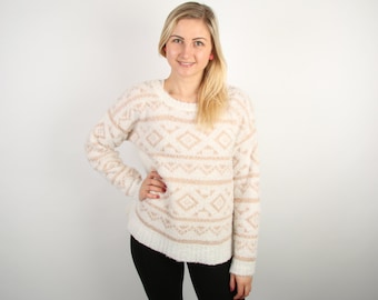 White Beige Gold Mohair Women Sweater / Ornament Folksy Sweater / Knitted Jumper