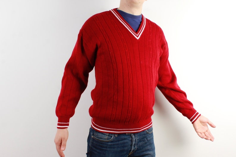 Red Knitted Men Sweater Knitted Jumper White Line Stripped Sweater Winter Vintage Long Sleeve Sweater Size Large
