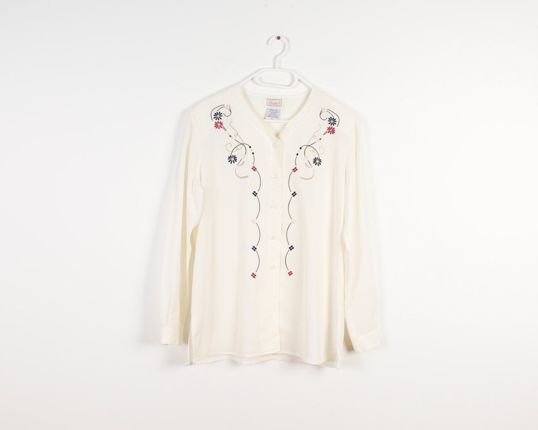 Women's Blouse White Cotton Floral Embroidered with Turn-Down Collar