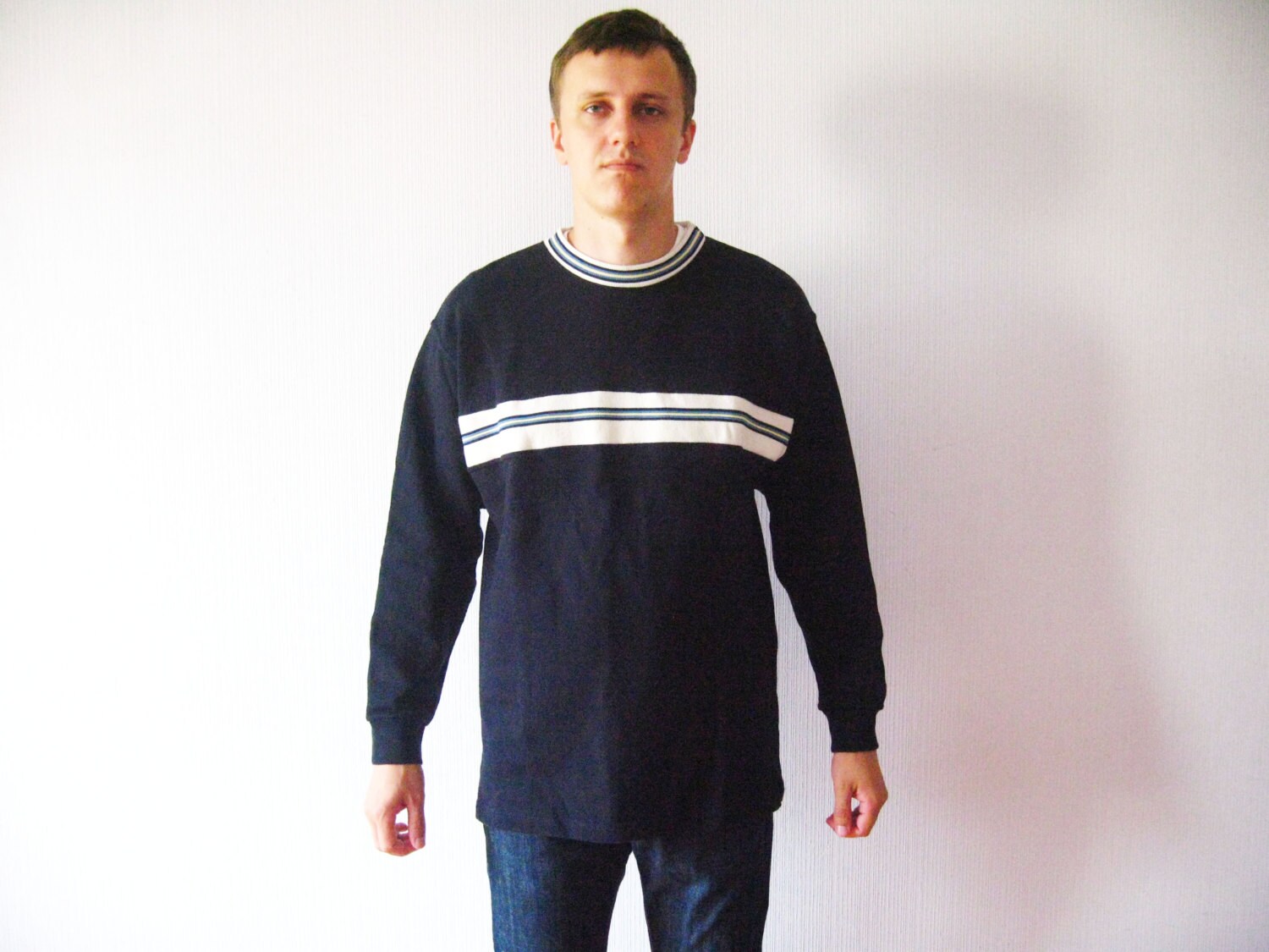 Navy blue sweater clearance with white stripes