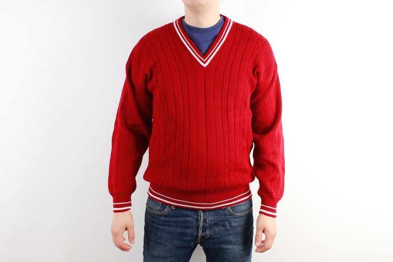 Red Knitted Men Sweater Knitted Jumper White Line Stripped Sweater Winter Vintage Long Sleeve Sweater Size Large