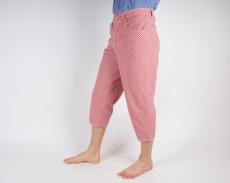 red pants with checkered stripe