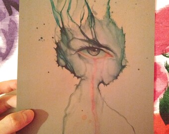 May include: A watercolour painting of an eye with a blue and green background. The eye is surrounded by a swirling pattern of blue and green paint. A single tear falls from the eye, leaving a pink trail.