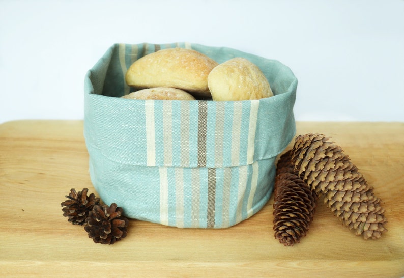 Linen Bread/storage Basket Mint With Stripes Natural Linen Etsy