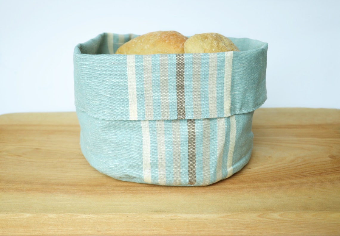 Linen Bread/storage Basket Mint With Stripes Natural Linen Etsy