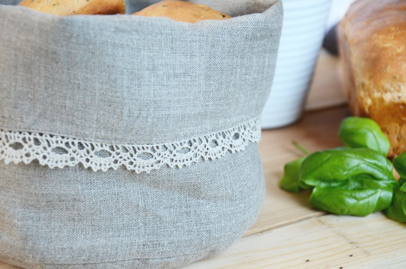 Linen Storage / Bread Basket With Lace Natural Dark Grey Etsy