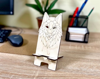 Phone Holder for Desk Wolf | Mobile Cell iPhone Stand | Animals Silhouette | Wooden Mobile Stand | Wolf Geometric Silhouette