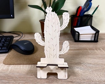 Phone Holder for Desk Cactus | Mobile Cell iPhone Stand | Plant Cactus Silhouette | Wooden Mobile Stand