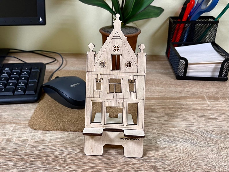 Wooden Phone Stand Cell Phone Holder Dutch house Mobile Stand for Office or Home image 2