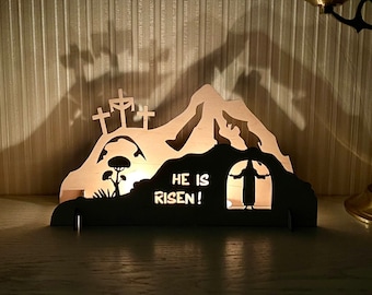 He Is Risen | Easter Scene Empty Tomb | Easter Nativity | Resurrection Cross | Religious Decor for Window Firaplace Mantel