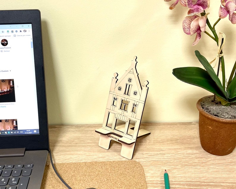 Wooden Phone Stand Cell Phone Holder Dutch house Mobile Stand for Office or Home image 3