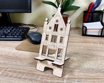 Wooden Phone Stand | Cell Phone Holder | Dutch house | Mobile Stand for Office or Home