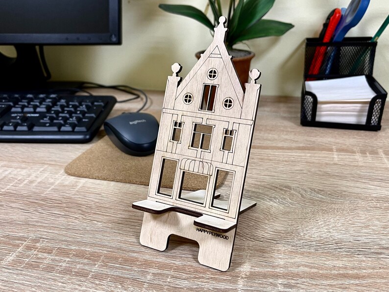 Wooden Phone Stand Cell Phone Holder Dutch house Mobile Stand for Office or Home image 1