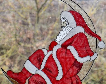 wicoart sticker window color cling stained glass vitrail art Christmas Santa on the moon