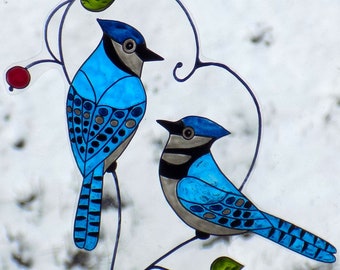 Blue Jay Birds Window Cling Stained Glass Effect Valentine's Day Decor