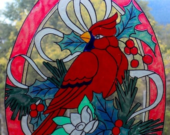 wicoart sticker window color cling stained glass vitrail art Christmas cardinal bird ovale